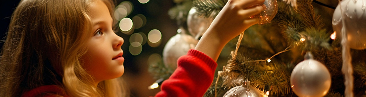 Dívka zdobí vánoční stromeček se světýlky.