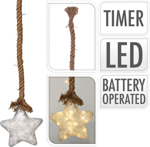 LED-STAR-Beleuchtung, Größe 20 cm, an einem 95 cm langen Seil mit Timer, Perlmuttglas