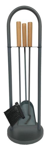 Kaminbesteck Stahl/Holz, 3-teiliges Werkzeugset mit Ständer, grau