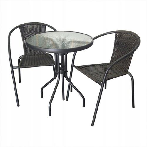 Rattan-Gartengarnitur (Tisch, 2 Stühle), beige/schwarz, Kunststoff-Glas-Metall