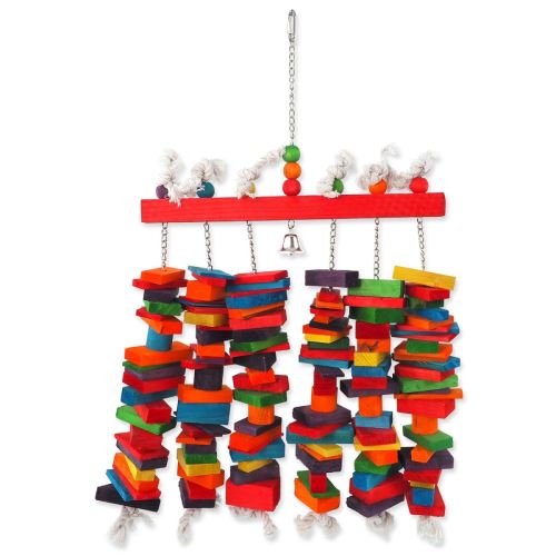Spielzeug BIRD JEWEL hängend buntes Trapez mit Holz und Glocke 70 cm