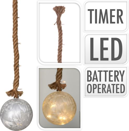 Beleuchtung LED BALL Durchmesser 15cm, an einem 95cm Seil mit Timer, Glas weiß