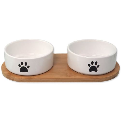 Set DOG FANTASY Keramiknäpfe mit Untersetzer weiß Pfoten 2x 13 x 5,5 cm 400 ml