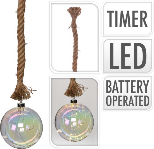 Beleuchtung LED BALL Durchmesser 20cm, an einem Seil 95cm mit Timer, Perlglas